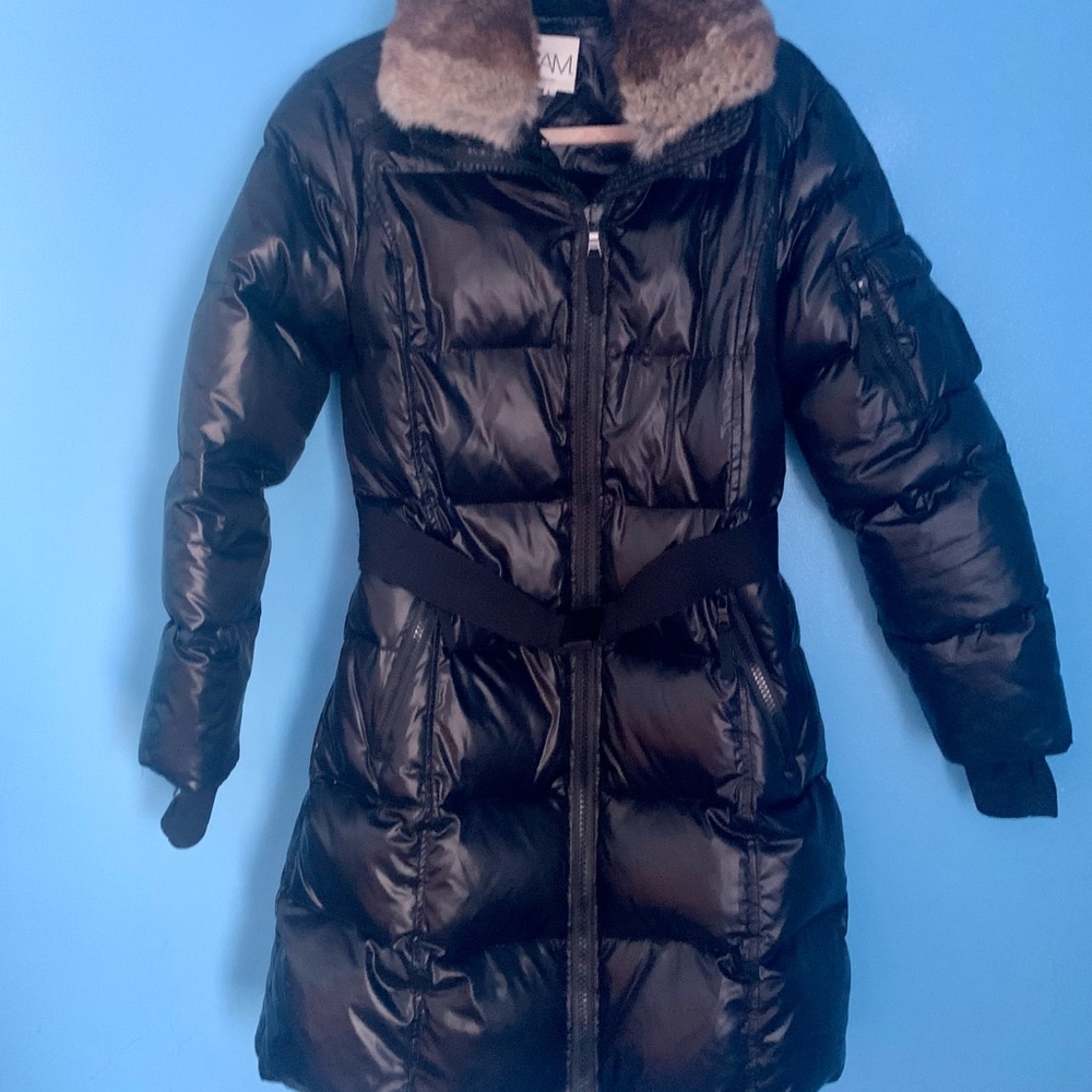 SAM. Genuine Fur Detachable Collar Black Belted Down  Puffer Coat Size L